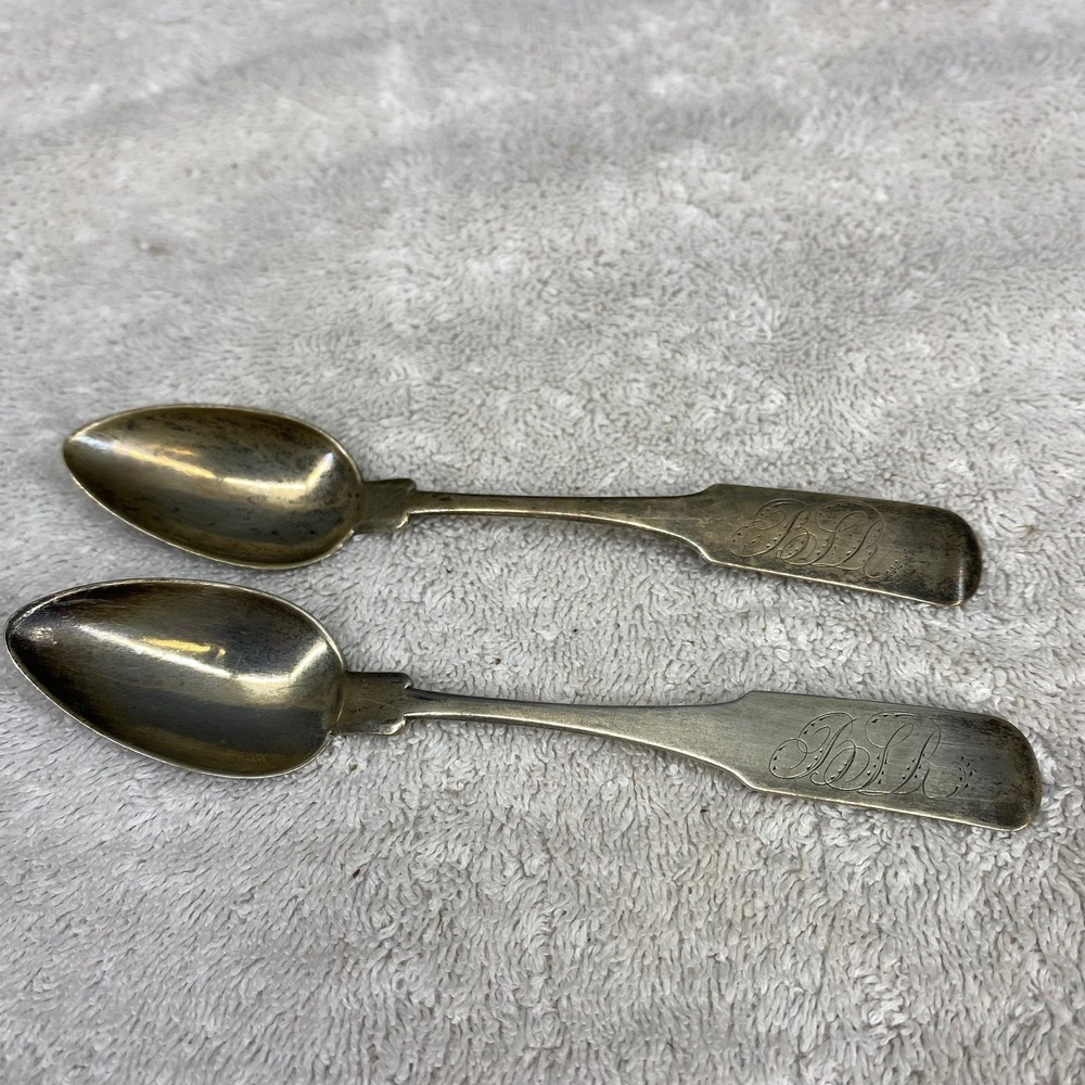 Antique HW Coin Silver Fiddle Handle Monogrammed Teaspoons Set of 2 6 Inch